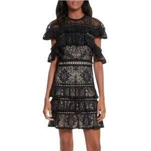 ALICE AND OLIVIA Alice + Olivia Jolie Tiered Ruffle Lace Dress In Black/nude